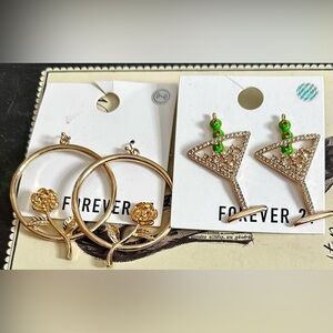 Forever 21 Rose Hoop & Gold Martini Earrings with Green Accent 2 pairs